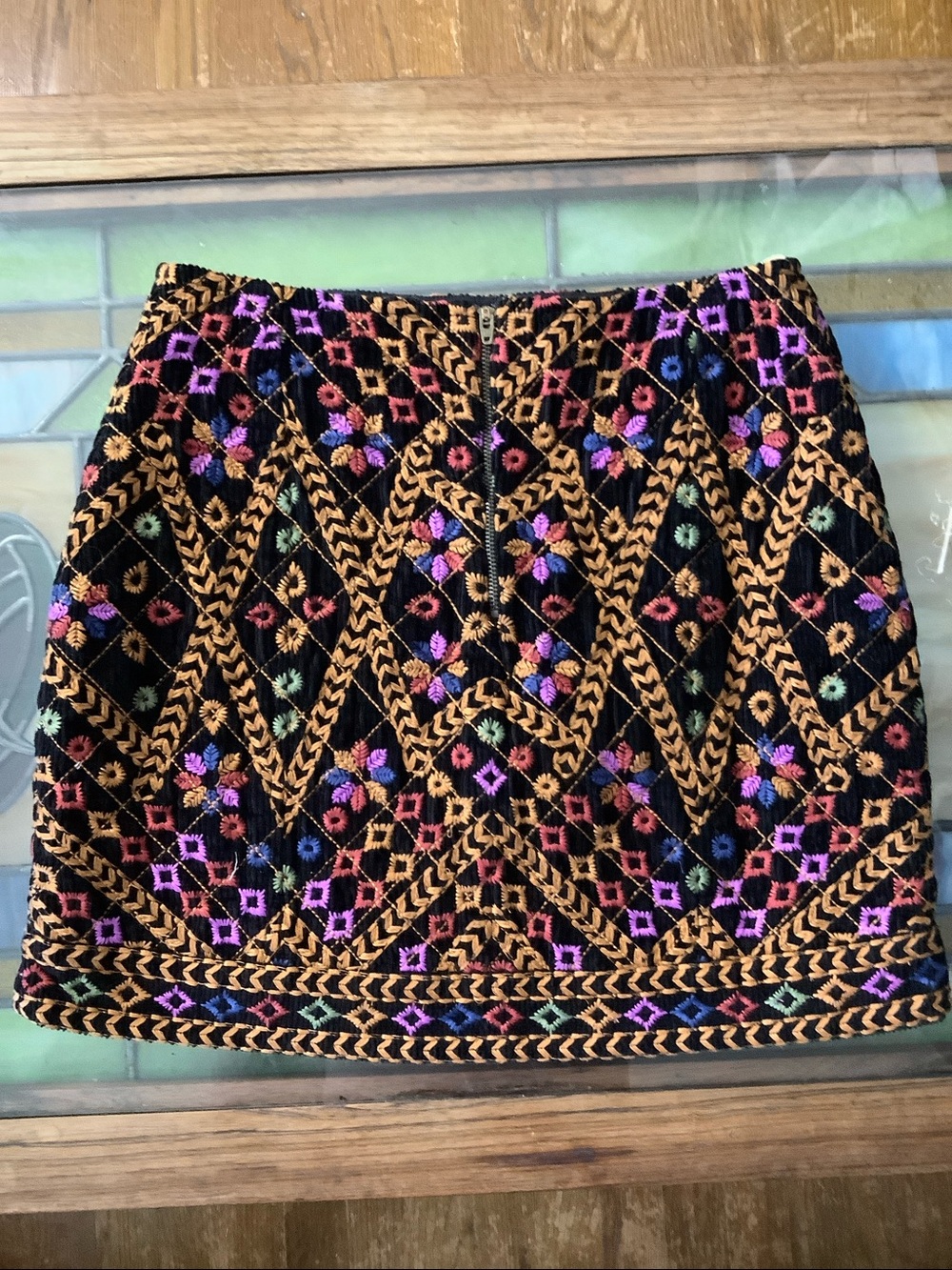 Embroidered Black Mini Skirt with Multicolor Stitching - Picture 4 of 4